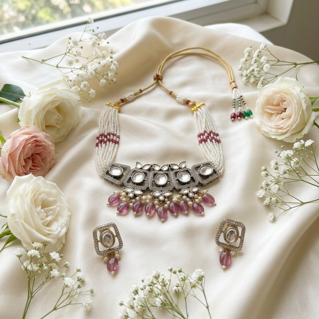 Ruhi Kundan Choker Necklace Set (Pink)
