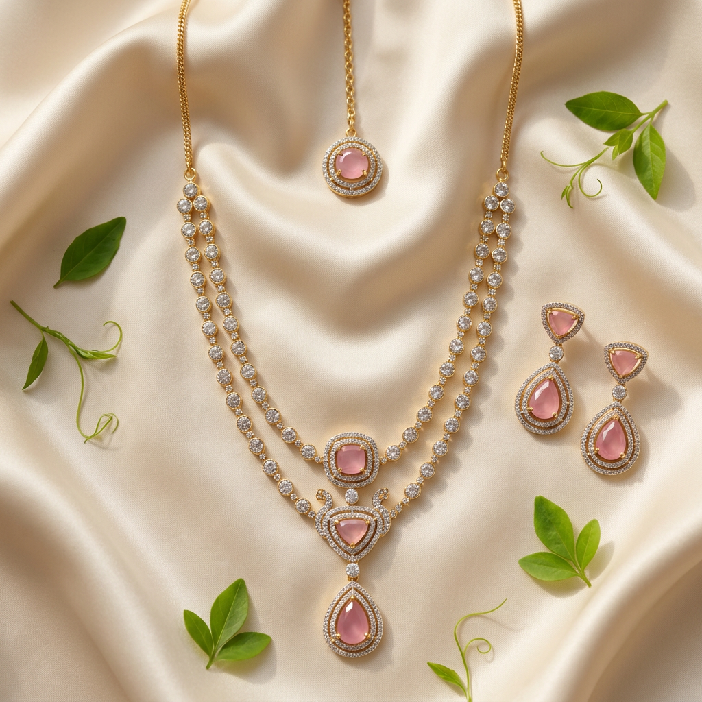 Tanisha AD Necklace Set (Light Pink)