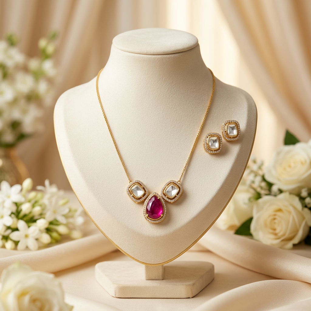 Prisha Kundan Chain Pendant Set (Pink)
