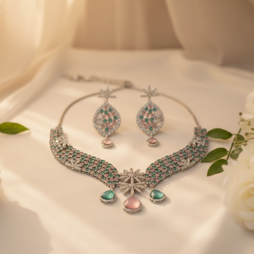 Emerald Bloom AD Necklace (Green-Pink)