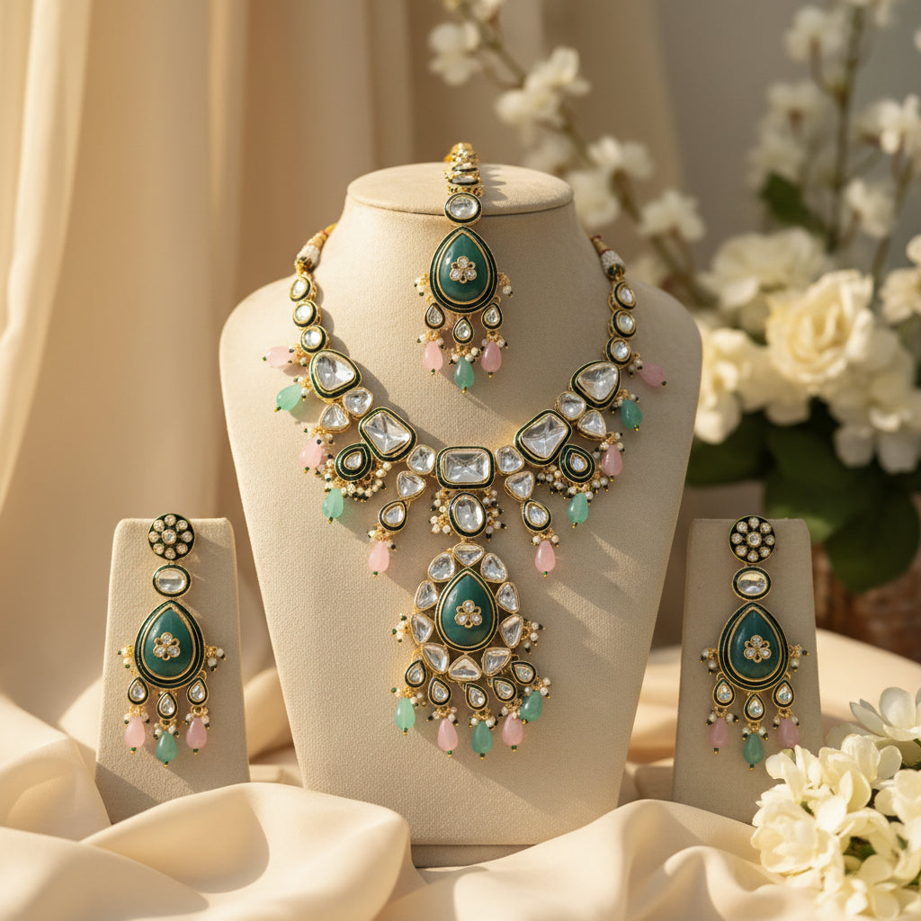 Heer Meenakari Polki set (Green-Pink)