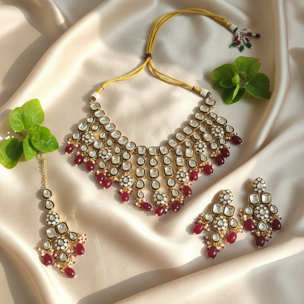 Meera Meenakari Polki set (Wine-Green)