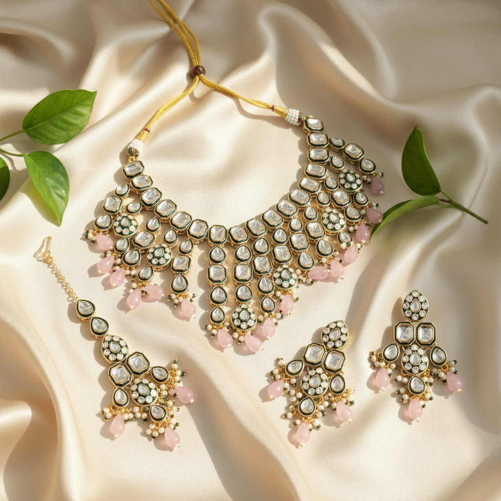 Meera Meenakari Polki set (Pink-Green)