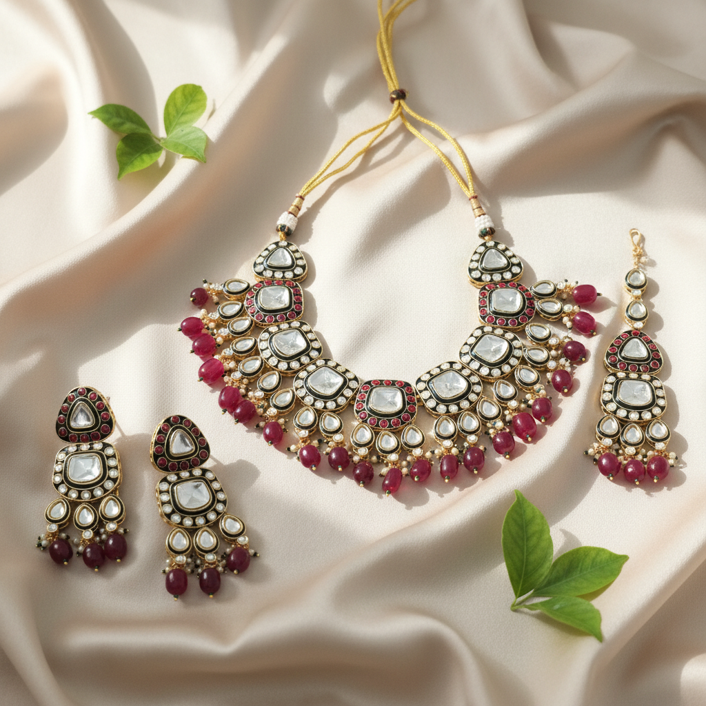 Maira Meenakari Polki set (Wine-green)