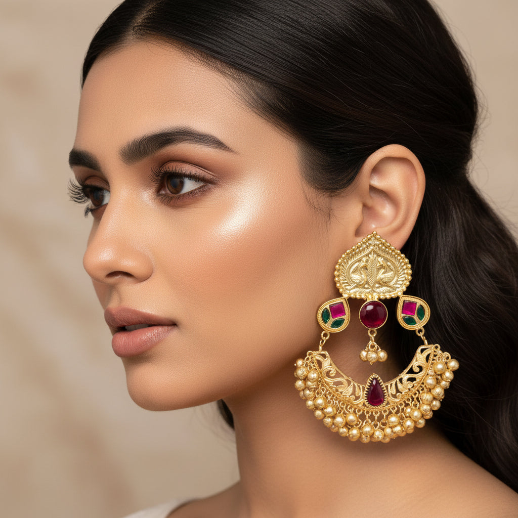 Rajwada Chandbali Earrings (Wine)