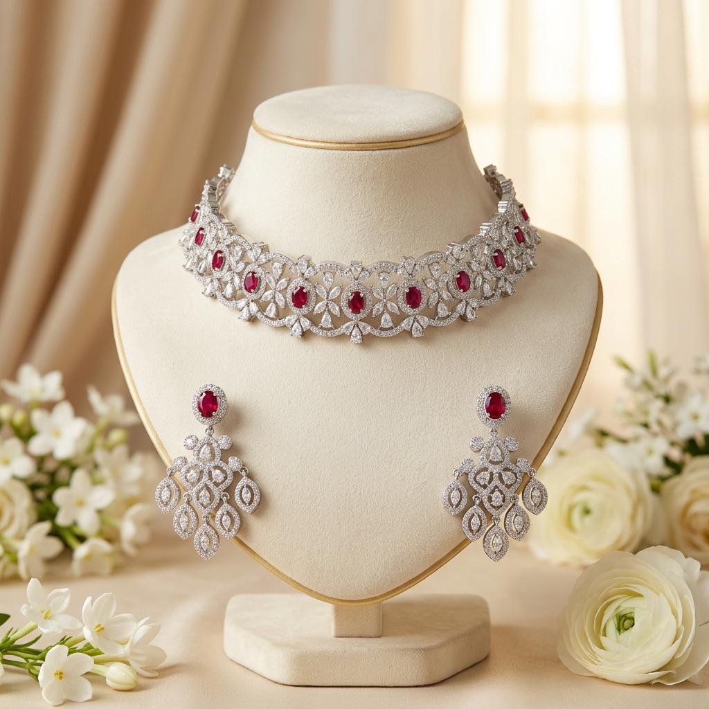 Ishika AD Choker Necklace Set (Red)
