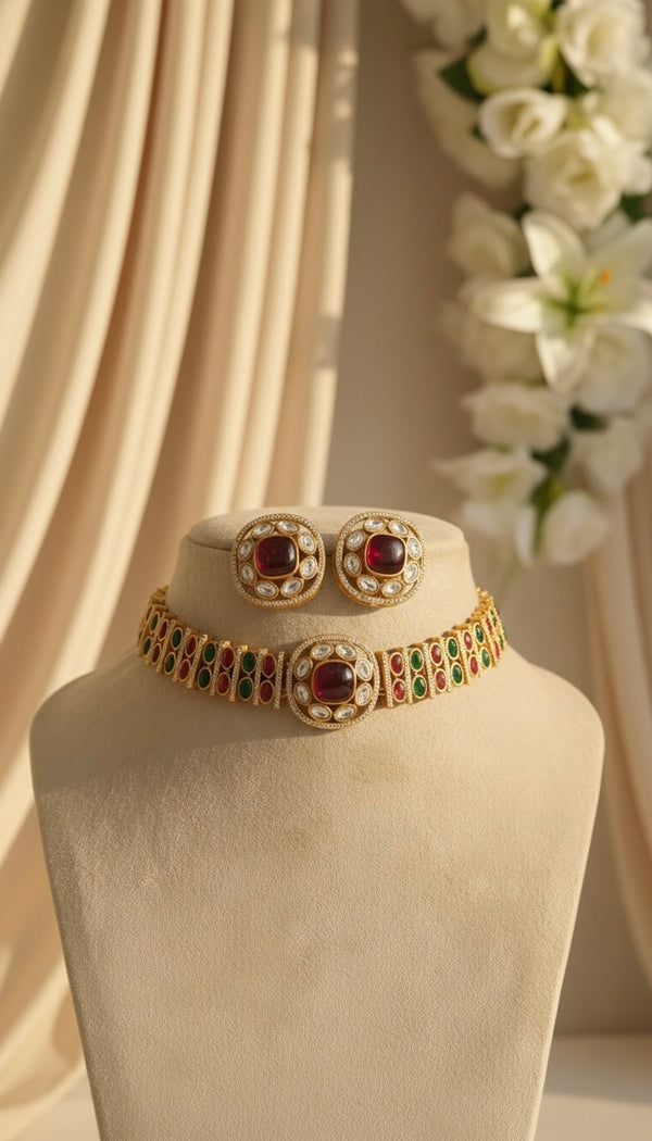 Aarzoo Kundan Necklace (Wine and Green)