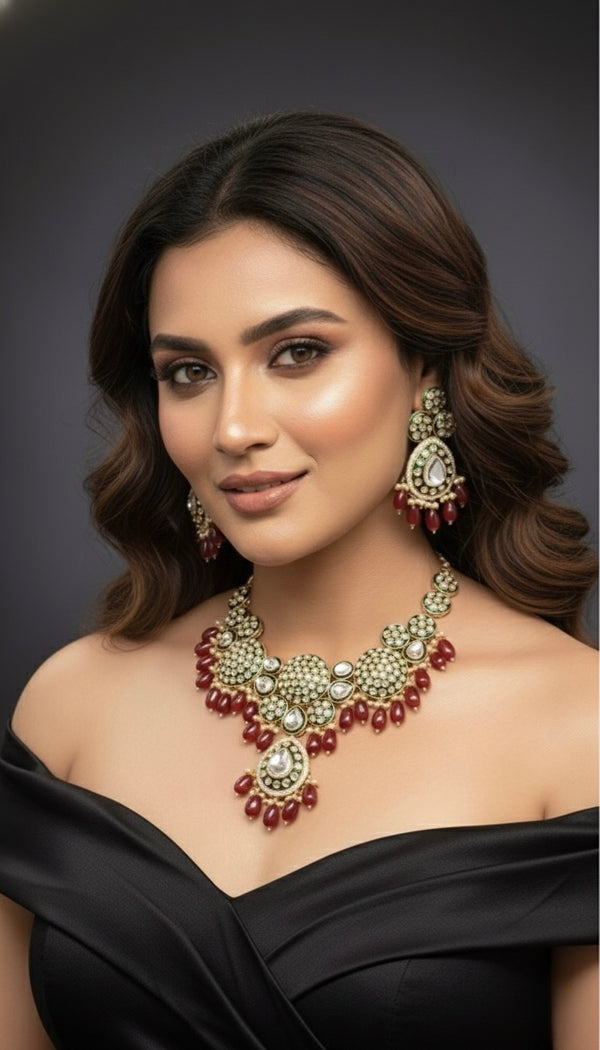 Ruhani Bridal Kundan Necklace (Wine and Green)
