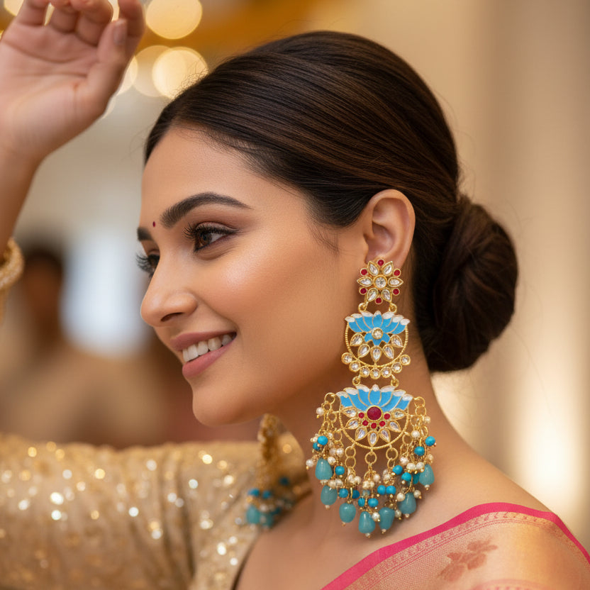 Lotus Kundan Earrings (Blue)