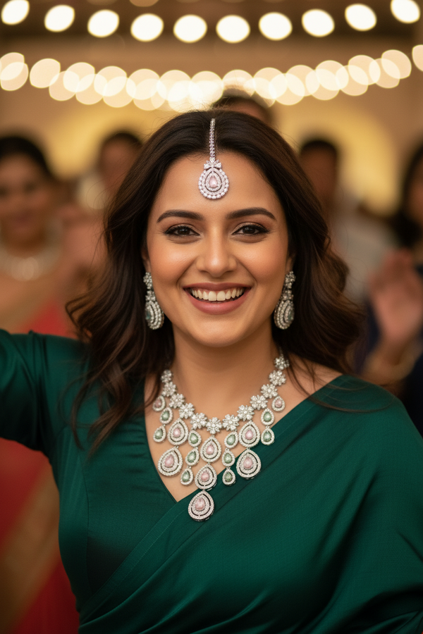 Royal Bloosom AD Necklace (Pink and Mint Green)