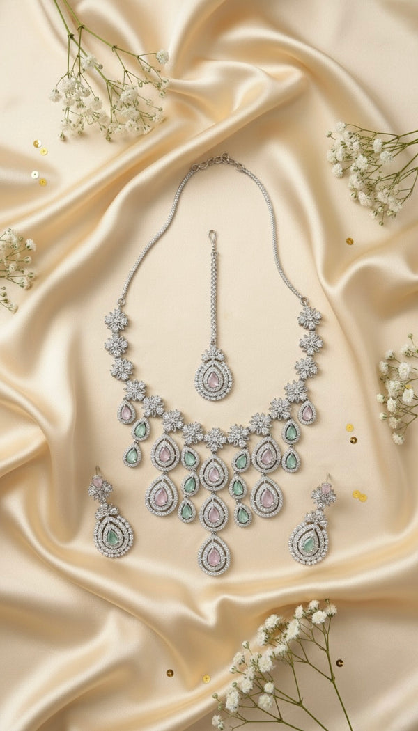 Royal Bloosom AD Necklace (Pink and Mint Green)