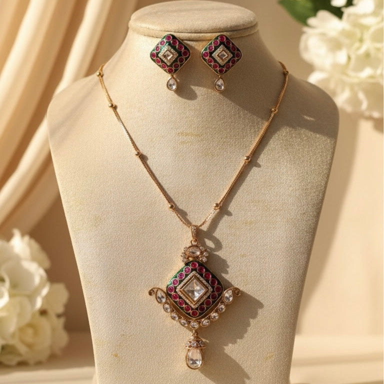 Rajika Chain Kundan Set (Green and Pink)