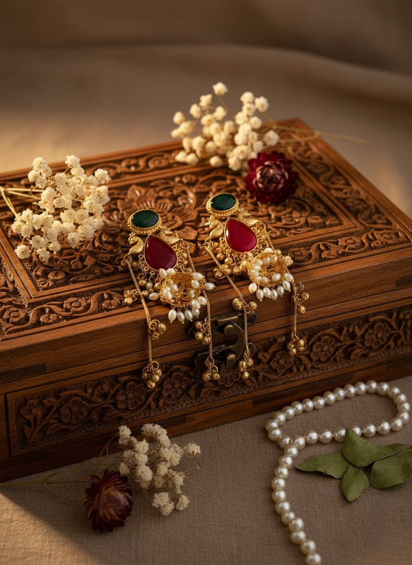 Maharani Kashmiri Earrings (Green and Wine)