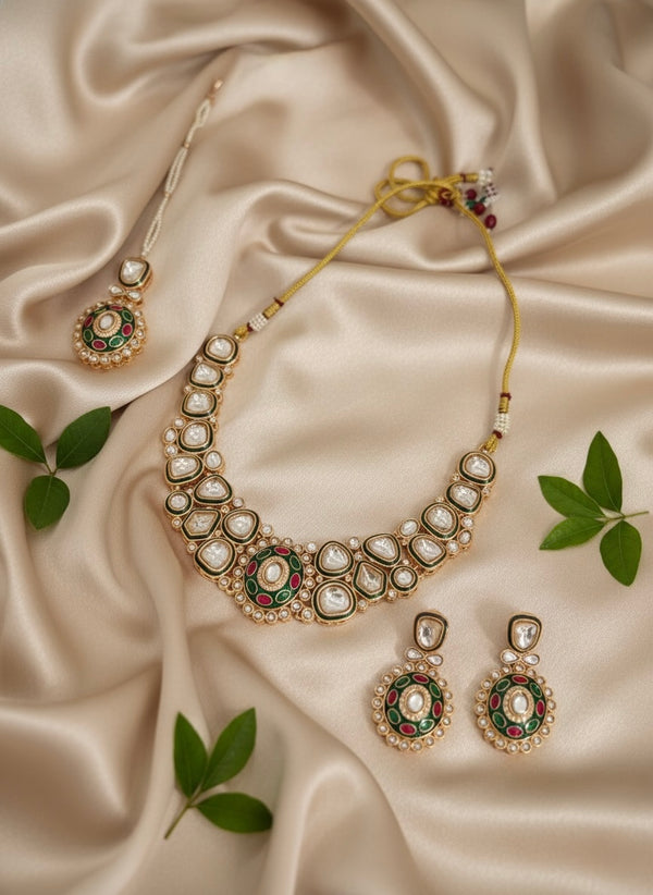 Ravina Kundan Necklace (Green and Pink)