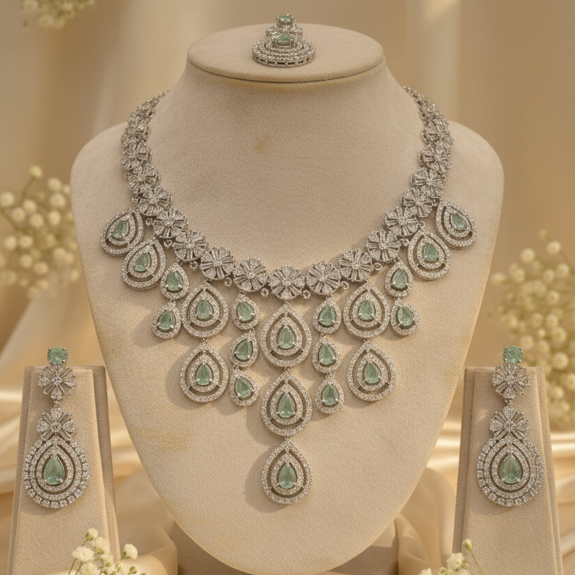 Royal Bloosom AD Necklace (Mint Green)