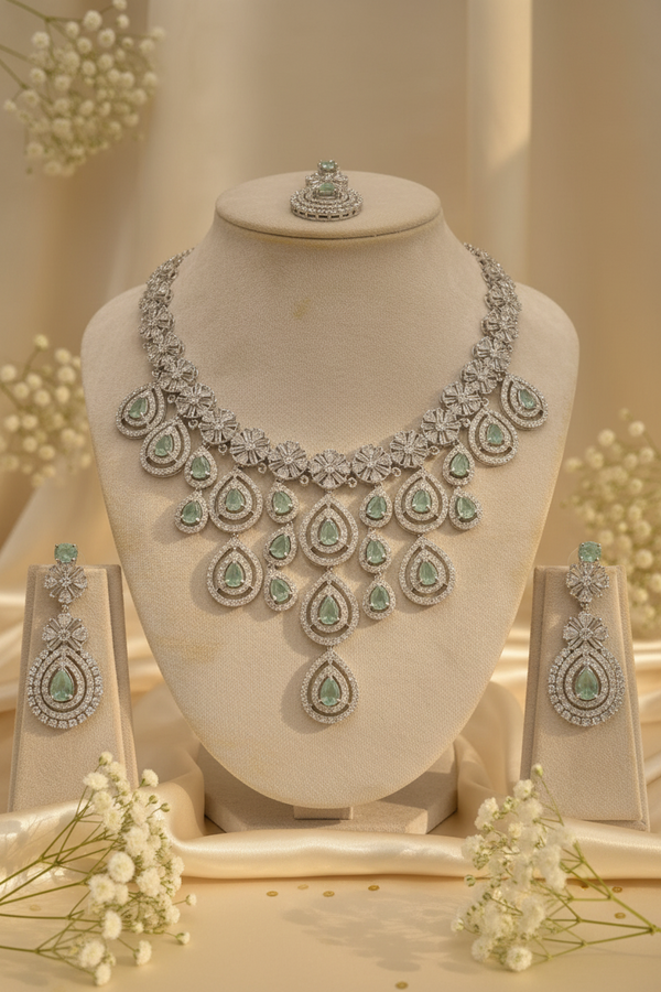 Royal Bloosom AD Necklace (Mint Green)