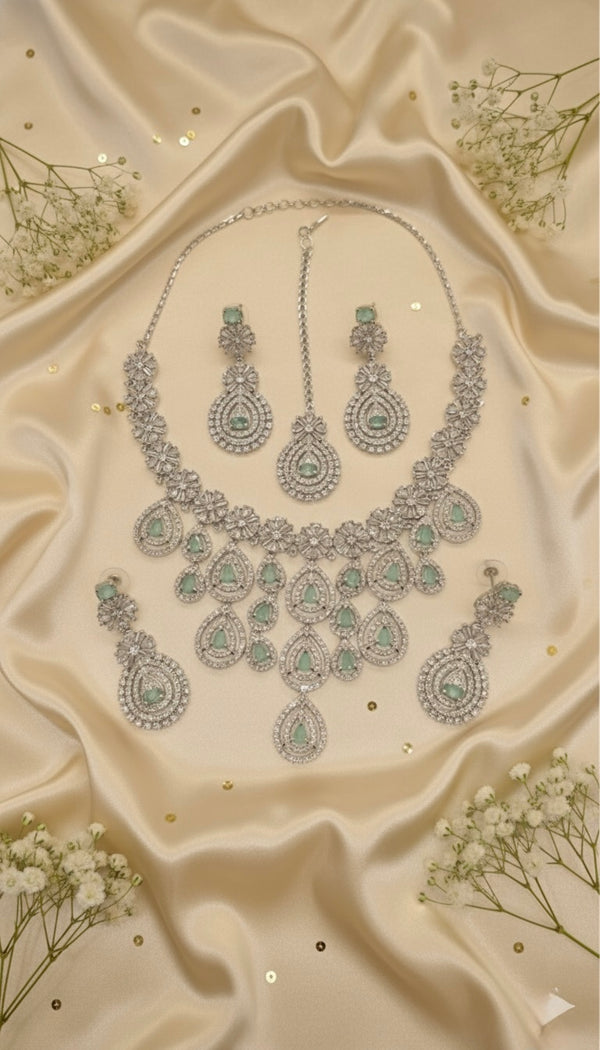 Royal Bloosom AD Necklace (Mint Green)