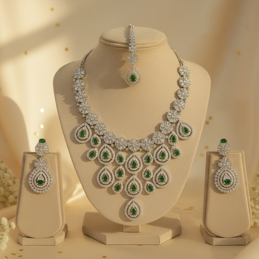Royal Bloosom AD Necklace (Green)