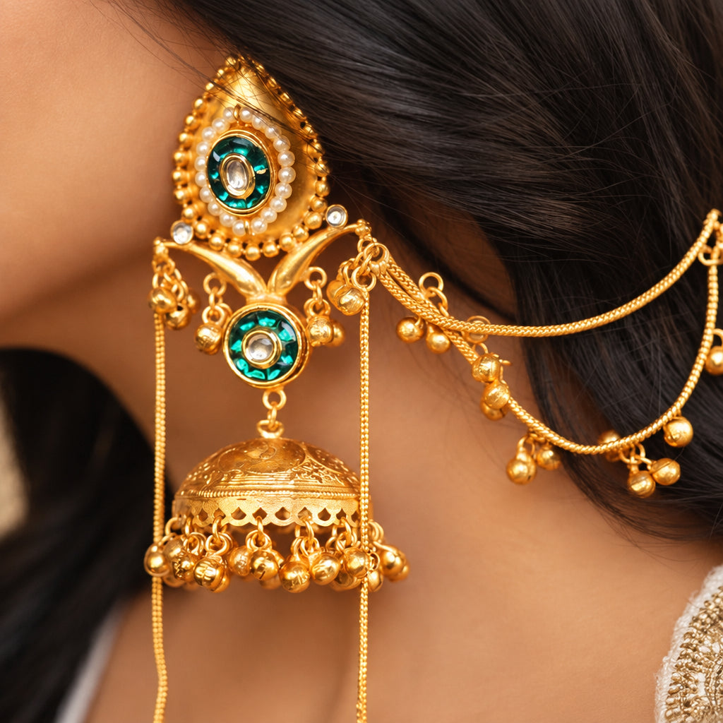 Mira Chain Kashmiri Earrings (Green)
