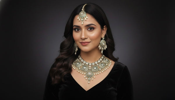 Rajwada Bridal Kundan Necklace (Green and White)