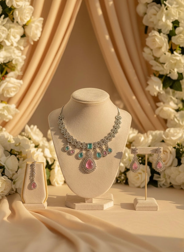 Diva AD Necklace (Pink and Mint Green)