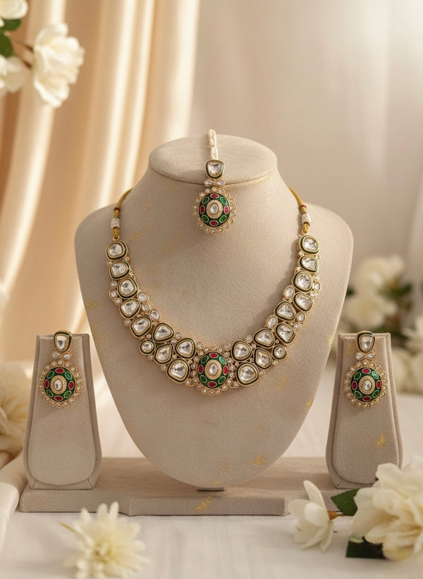 Ravina Kundan Necklace (Green and Pink)