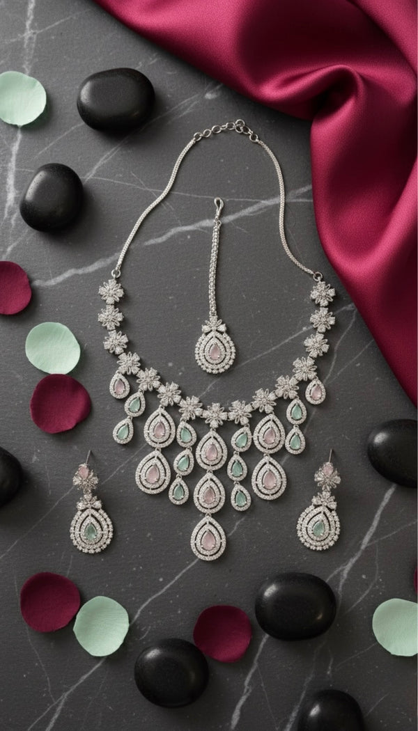Royal Bloosom AD Necklace (Pink and Mint Green)