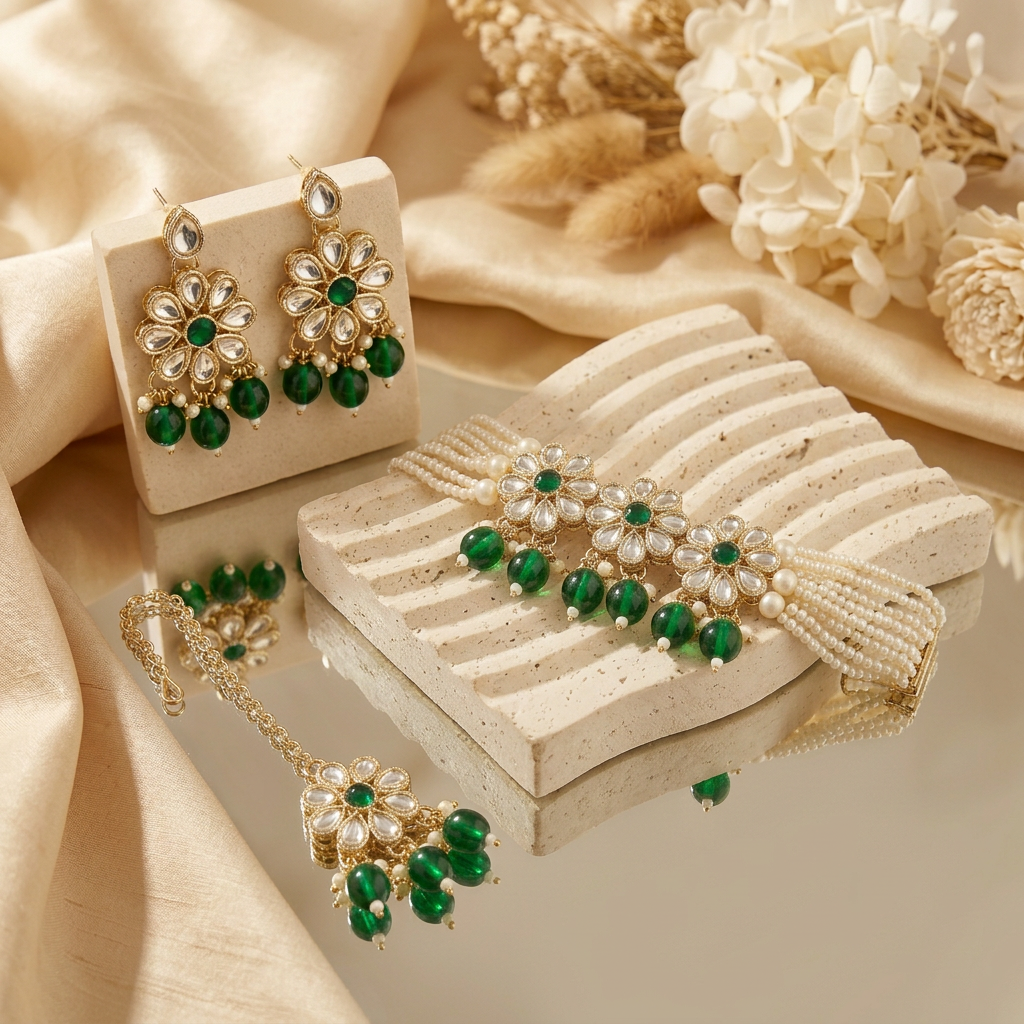 Aanya Kundan Pearl Necklace Set (Green)