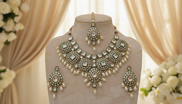 Rajwada Bridal Kundan Necklace (Green and White)