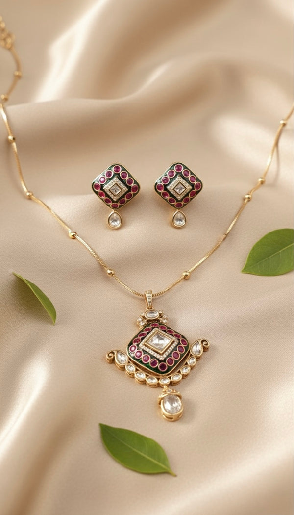 Rajika Chain Kundan Set (Green and Pink)