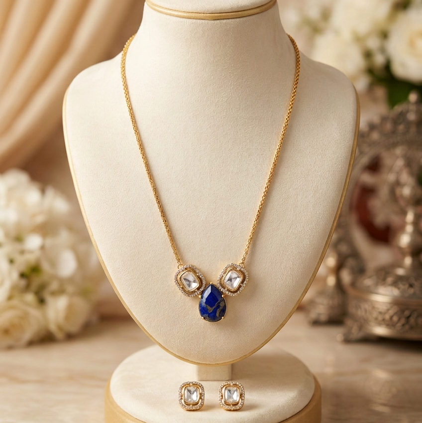 Rhea Kundan Chain Pendant Set (Blue)