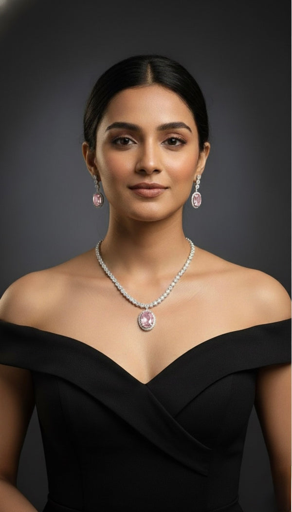 Regal Solitaire AD Necklace (Pink)