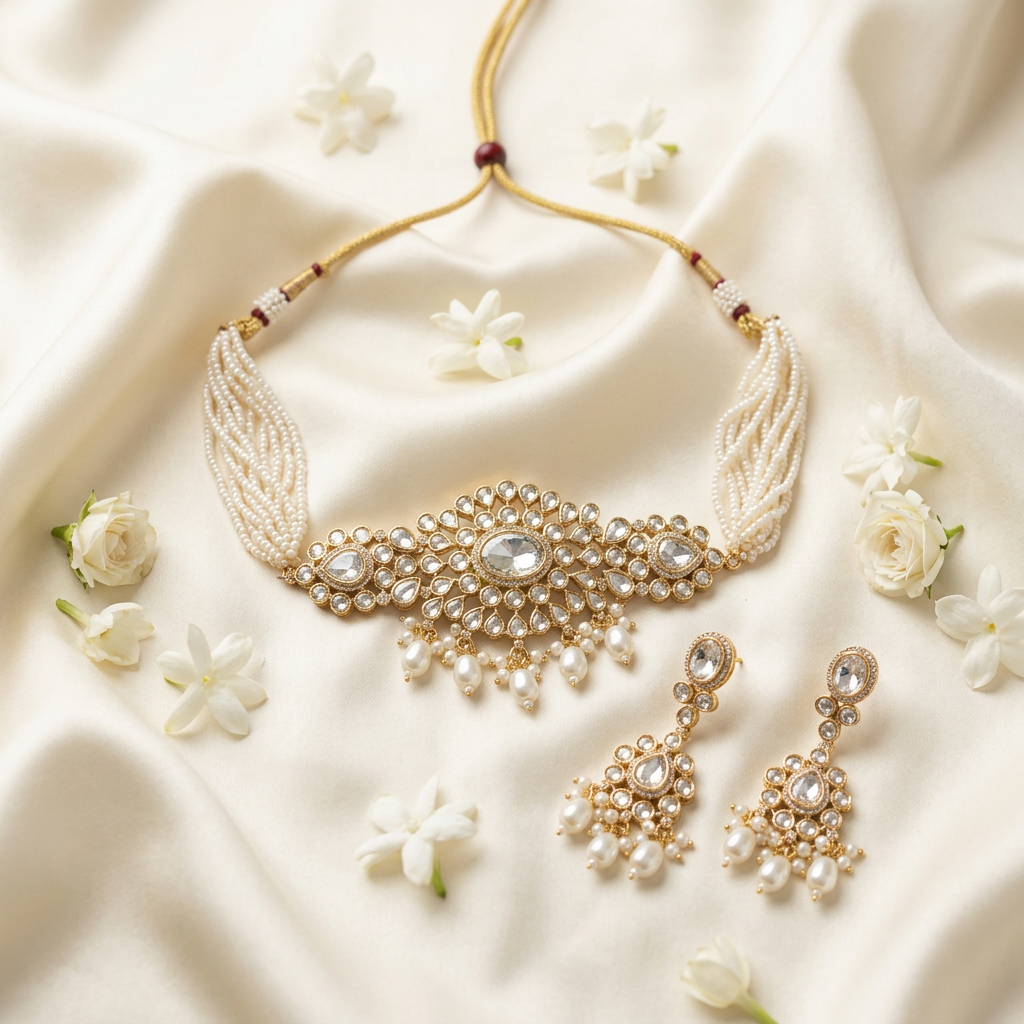 Sanvi Kundan Pearl Choker Necklace Set (White)