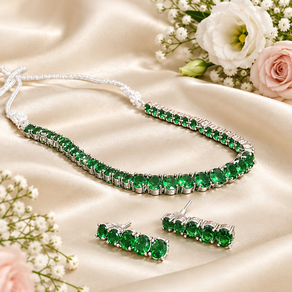 Meera Chokar Necklace Set (Green)