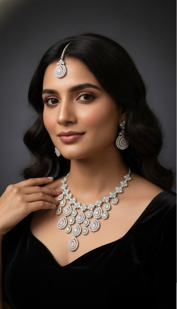 Royal Bloosom AD Necklace (Pink and Mint Green)