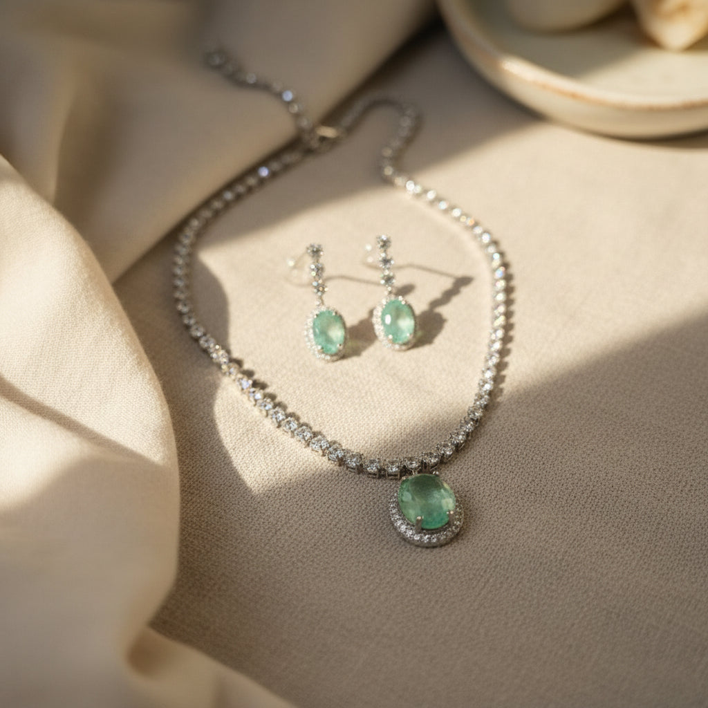 Regal Solitaire AD Necklace (Mint Green)