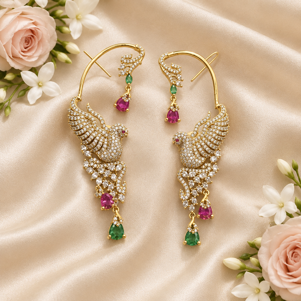 Riya Temple Ear Cuffs (Green-Pink)