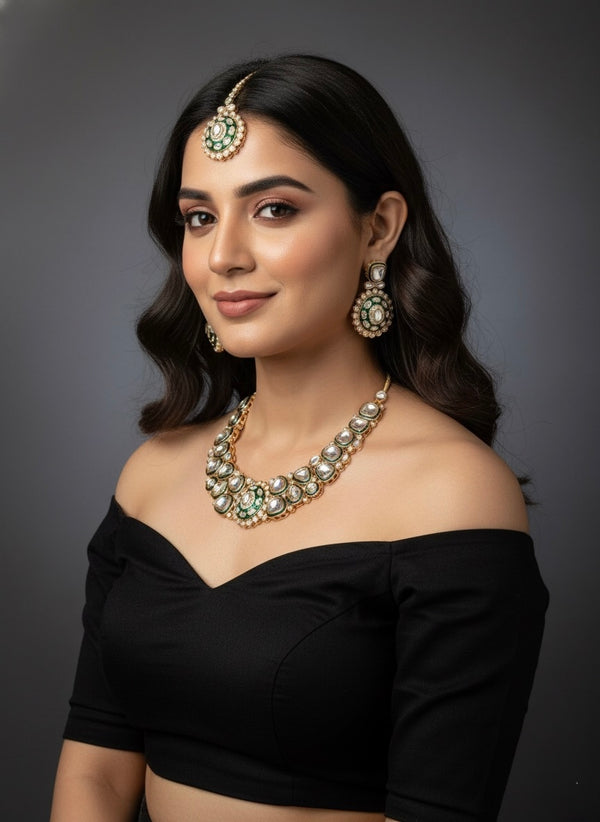 Ravina Kundan Necklace (Green and Pink)