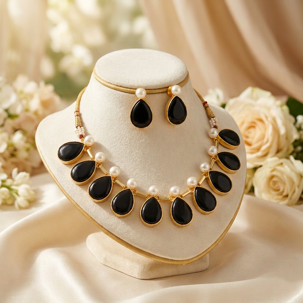Tisha Stone Pearl Necklace Set (Black)