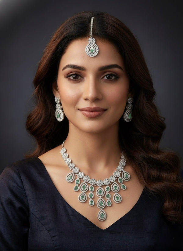 Royal Bloosom AD Necklace (Mint Green)