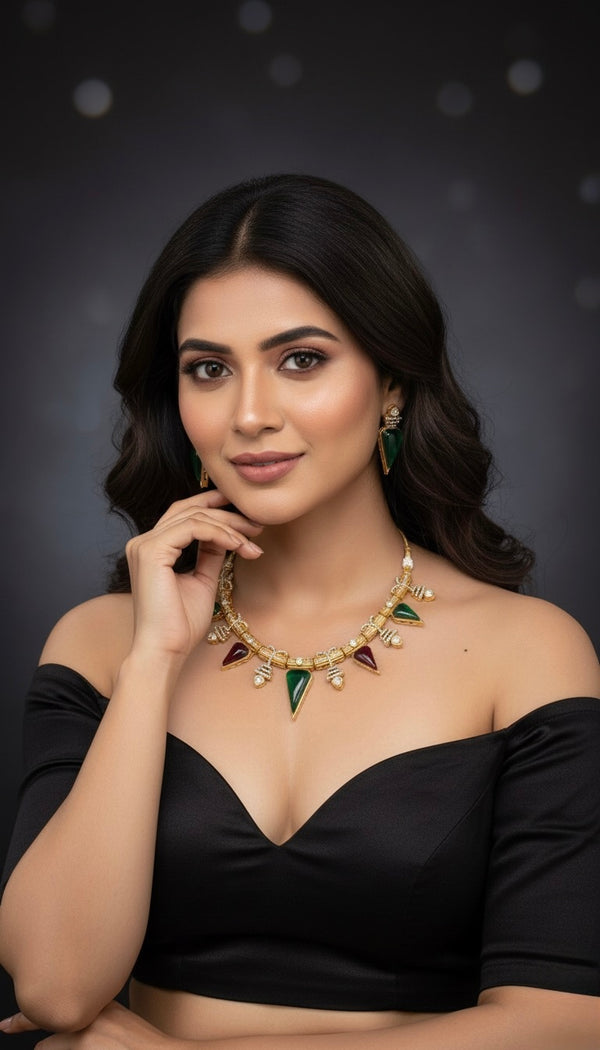 Zarina Polki Necklace (Wine and Green)