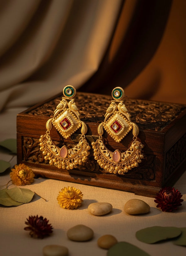 Aaradhya Kashmiri Earrings (Green, Red and Pink)