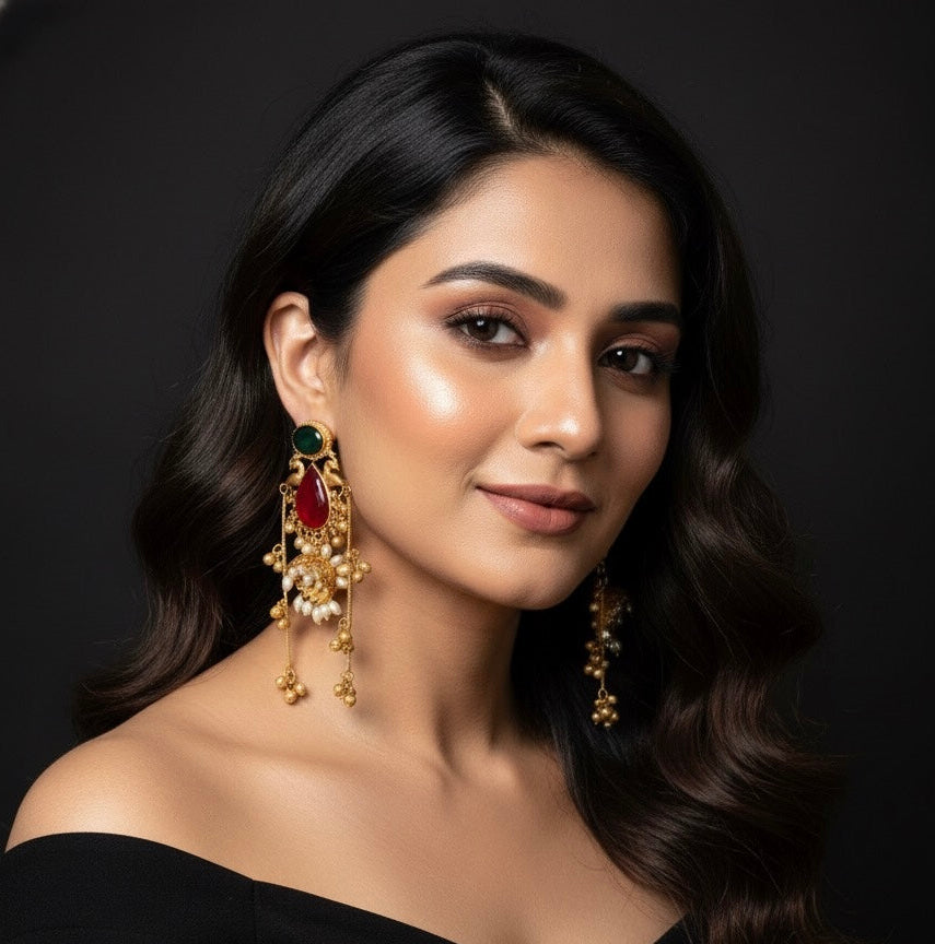 Maharani Kashmiri Earrings (Green and Wine)