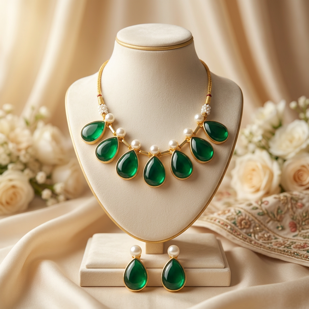 Pari Stone Pearl Necklace Set (Green)