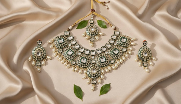 Rajwada Bridal Kundan Necklace (Green and White)