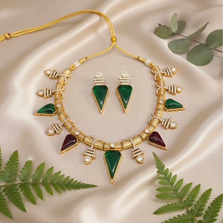 Zarina Polki Necklace (Wine and Green)