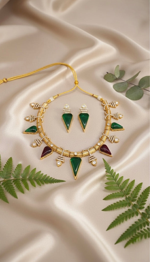 Zarina Polki Necklace (Wine and Green)