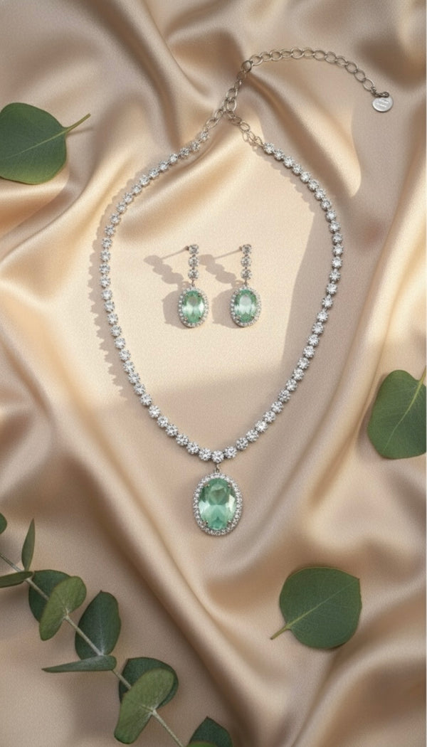 Regal Solitaire AD Necklace (Mint Green)