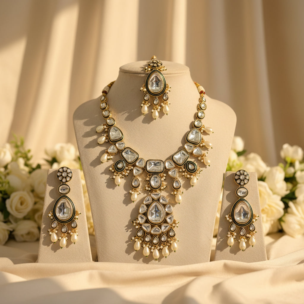 Lavika Meenakari Polki set (Green-Ivory)