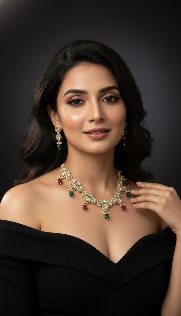 Noorika Kundan Set (Wine and Green)